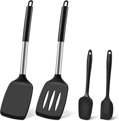 Silicone Spatula Set, Heat Resistant Solid & Slotted Turner for Non-Stick Pans, Silicone Cooking Utensils Set, BPA-Free, Flexible Spatula Turner for Flipping Eggs, Burgers, Pancakes, Black, 3 PCS-A