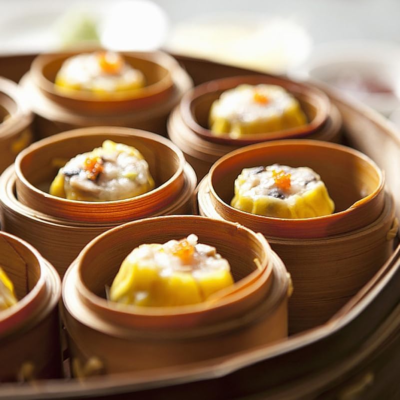 Mini Bamboo Steamer Basket with Cover and Handle 3.5 Inch Round Dim Sum Steamer for Dumplings Buns Home Kitchen Cooking