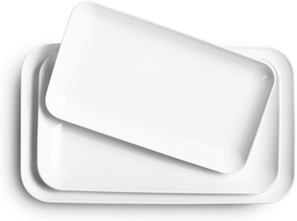 DELLING Large Serving Platter Set of 3, 16/14/12 Inch Porcelain Serving Trays for Party - White Ceramic Rectangular Platters for Entertaining, Appetizer Fruit Tray for Father's Day Shower Dinner