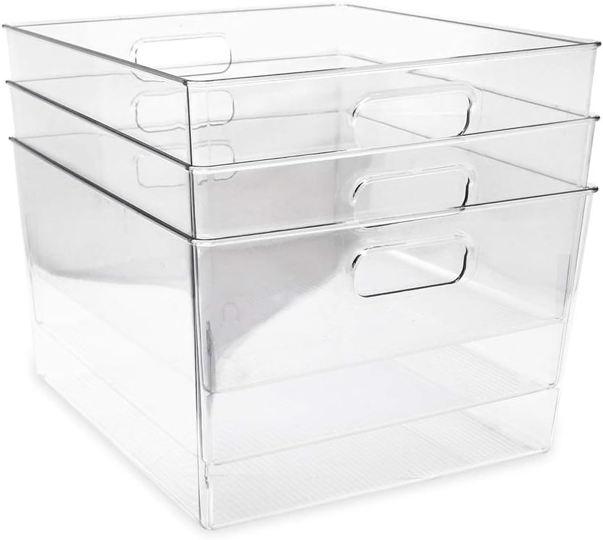Isaac Jacobs 3-Pack Medium Clear Storage Bins with Handles, Plastic Organizer for Home or Fridge/Freezer, Pantry and Kitchen Non-Slip Container Set, BPA Free, Food Safe (3-Pack, Medium)