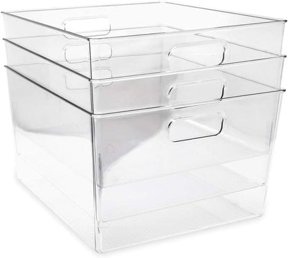 Isaac Jacobs 3-Pack Medium Clear Storage Bins with Handles, Plastic Organizer for Home or Fridge/Freezer, Pantry and Kitchen Non-Slip Container Set, BPA Free, Food Safe (3-Pack, Medium)