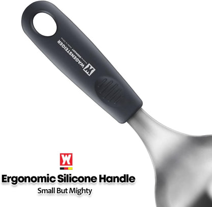 Short Stainless Steel Ladle 220mm (8.6”) – SUS304 Thick Deep Bowl Head with Soft-Grip Silicone Handle – Lightweight Mini Soup & Serving Spoon for Cooking – 5 Color Options (Gray)