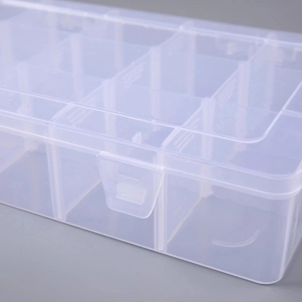 2 Pack Plastic Organizer Box with 14 Removable Dividers,15-Compartment Clear Storage Box for Crafts, Beads, Jewelry & Small Parts (10.5x6.5x2.2 Inches)
