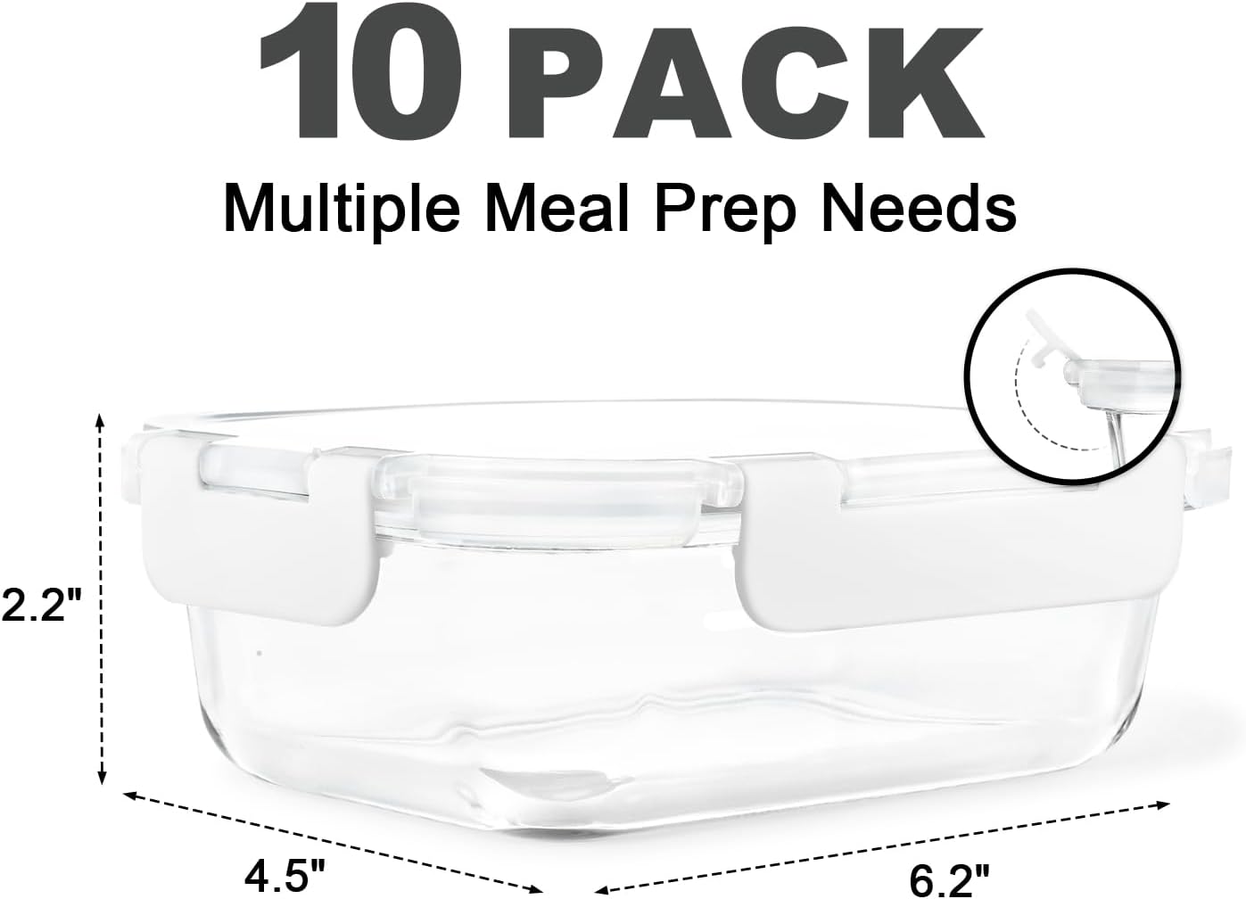 KAMOTA Glass Food Storage Containers, 10 Pack Glass Meal Prep Containers, Airtight Containers with Snap-Lock Lids, 22 oz Grey Container Set with Lids, for Microwave/Oven/Freezer/Dishwasher