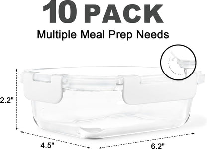 KAMOTA Glass Food Storage Containers, 10 Pack Glass Meal Prep Containers, Airtight Containers with Snap-Lock Lids, 22 oz Grey Container Set with Lids, for Microwave/Oven/Freezer/Dishwasher