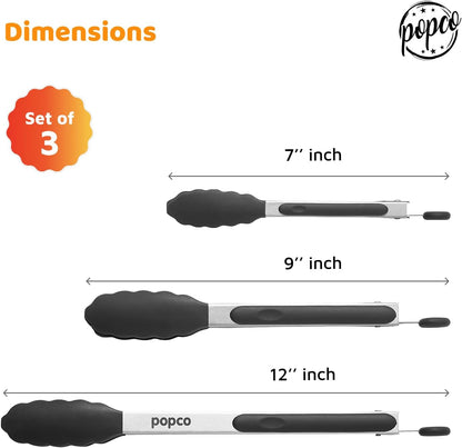 Popco 3 Piece Kitchen Tongs Set 7, 9, 12 Inch - Stainless Steel Nonstick Tongs with Silicone Tips - Heat Resistant and Dishwasher Safe for Cooking, Grilling, Salad, and Everyday Serving
