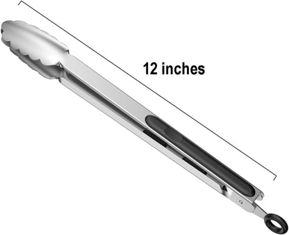 600℉ Heat Resistant Kitchen Tongs with Locking, Set of 9-inch and 12-inch Stainless Steel Metal Cooking Tongs with Non-Slip Grip, Perfect for Grilling, Barbecue (BBQ) and More