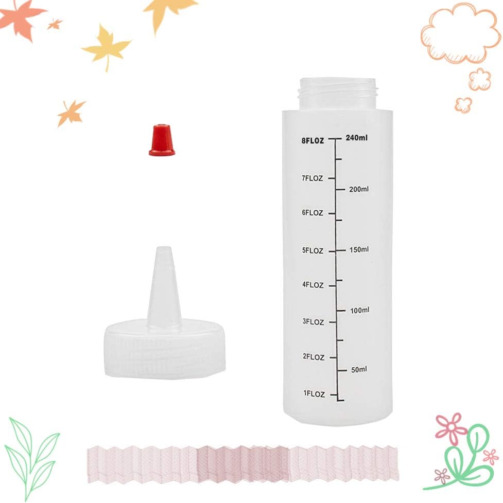 Baaxxango 12 Pack 8 oz Plastic Squeeze Bottles with Red Tip Cap and Scale