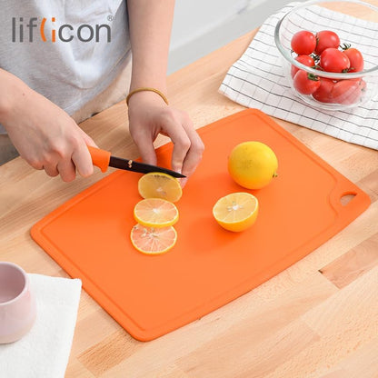 Liflicon Thick Cutting Boards for Kitchen Silicone Chopping Board Set of 2 Mid 12.6'' x 9.1”,Mini 9.1”x7.1” Non-slip Deep Drip Juice Groove Easy Grip Handle,Dishwasher Safe-Red