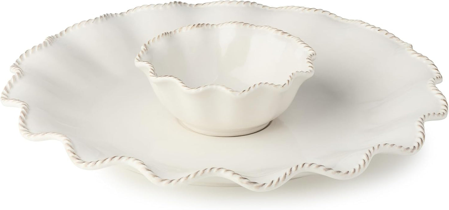 Heritage Ivory Stoneware Chip & Dip Set, 2-Piece – 15” Scalloped Serving Platter with 6” Dip Bowl (14oz) – Elegant Ripple-Edge Design for Entertaining, Snacks, & Appetizers