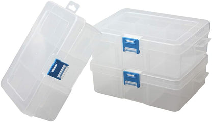 3 Pack Plastic Removable Divider Box and Storage Case for Small Parts, Hardware and Craft, 6 Grids, Clear