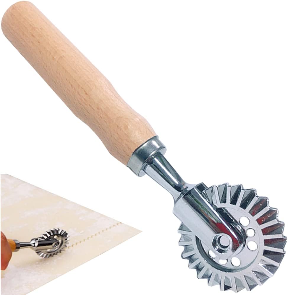 Ravioli Cutter Stamps with Roller Wheel Round Mold with Wooden Handle and Fluted Edge Pasta Press Pasta Cutter for Home and Kitchen Use- 1.3" Diameter