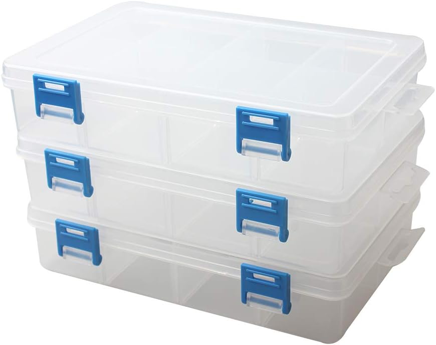 3 Pack Plastic Removable Divider Box and Storage Case for Small Parts, Hardware and Craft, 6 Grids, Clear