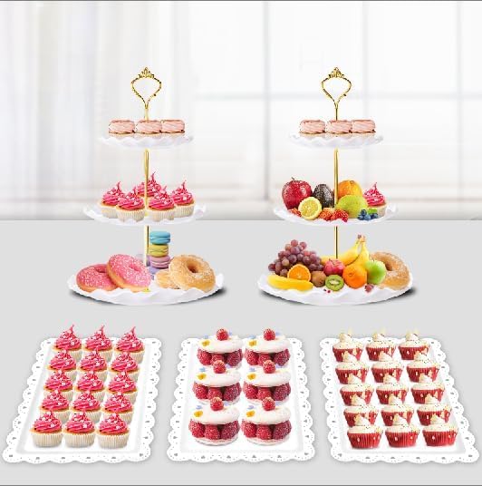 PinCute 5 Pcs Dessert Table Display Set - 2 X Cupcake Stand Holder/Cup Cake Tier Tower & 3 X Serving Tray Combo for Tea Party, Birthday, Baby Shower (Wave Square)