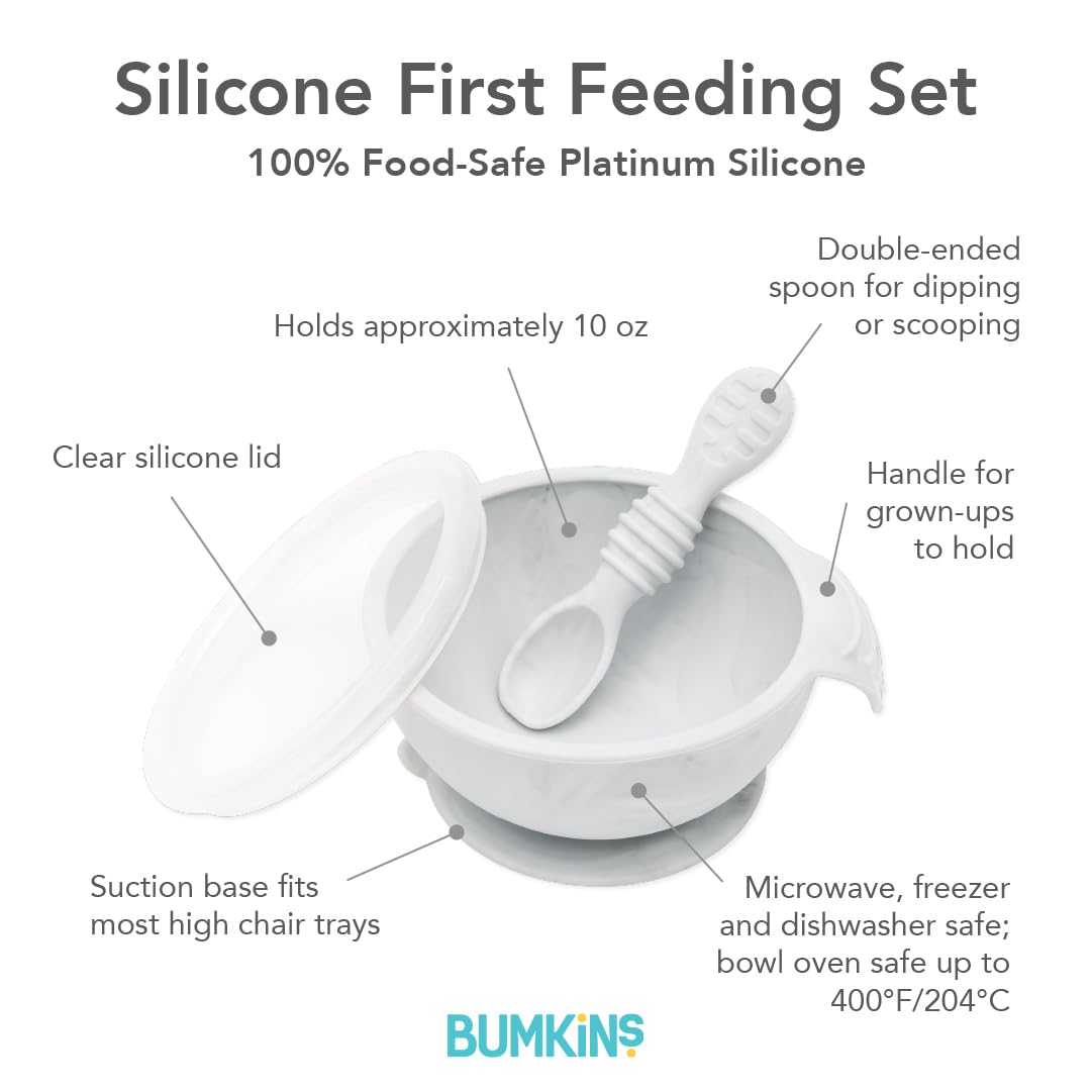 Bumkins Baby Bowl, Silicone Feeding Set with Suction for Baby and Toddler, Includes Spoon and Lid, First Feeding Set, Training Essentials for Baby Led Weaning for Babies 4 Months Up, Sage