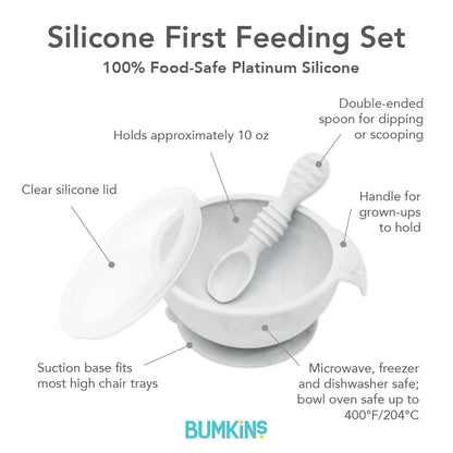 Bumkins Baby Bowl, Silicone Feeding Set with Suction for Baby and Toddler, Includes Spoon and Lid, First Feeding Set, Training Essentials for Baby Led Weaning for Babies 4 Months Up, Sage