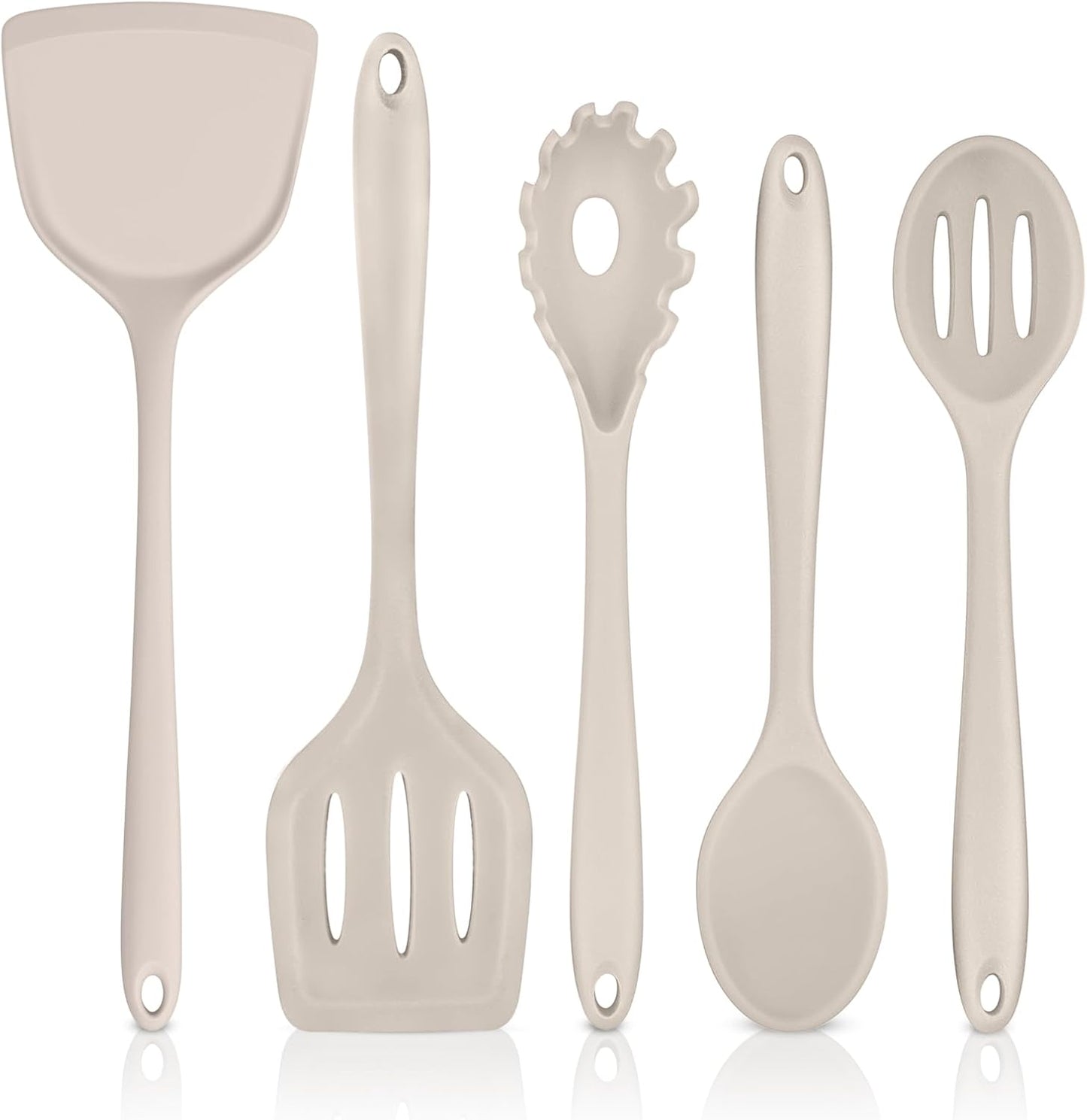 TeamFar Silicone Cooking Utensils Set, 5-Piece Heat Resistant Kitchen Utensils Set, Nonstick Slotted Solid Spoon Turner Pasta Server for Frying, Serving, Mixing, Non-Toxic & Dishwasher Safe, Black