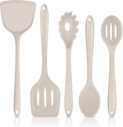 TeamFar Silicone Cooking Utensils Set, 5-Piece Heat Resistant Kitchen Utensils Set, Nonstick Slotted Solid Spoon Turner Pasta Server for Frying, Serving, Mixing, Non-Toxic & Dishwasher Safe, Black