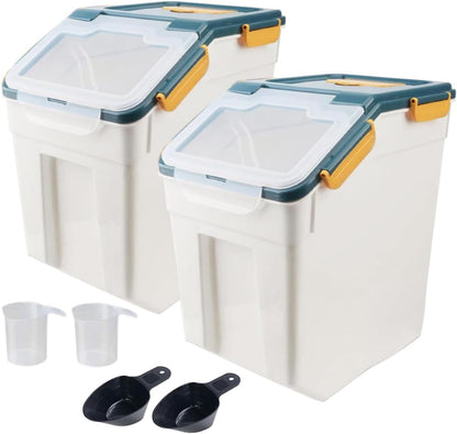 AnRui Airtight Flour Storage Container 25lb, Plastic Grain Storage Bucket, Rice Cereal Dispenser Organizer Box with Lid, Cat Dog Food Storage Bin with Measuring Cup, Scoop, Wheels, 2Pcs Green