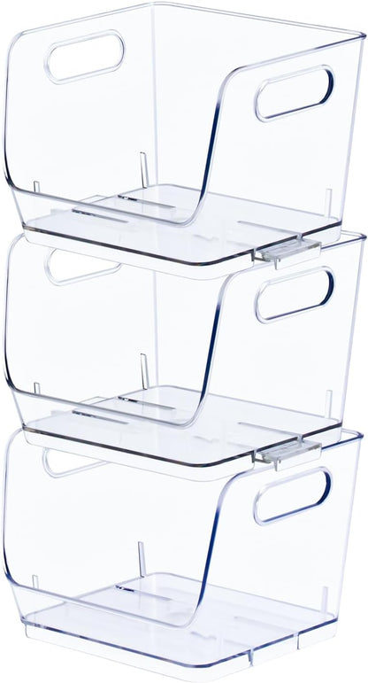 Basicwise 9-Inch Open-Front Clear Storage Bin with Easy-Grip Handle Stackable Transparent Plastic Organizer Container for Pantry Cabinet Refrigerator Drawers Closets and Shelf Organization, Medium