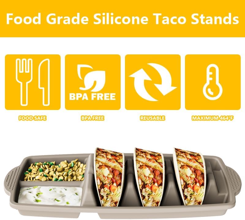 Reusable Silicone Taco Holder Set of 2, Taco Plates with Dividers & Dip Bowls, Taco Shell Holds 3 Taco Shells Stand, Microwave & Dishwasher Safe, Non-Slip Base, Taco Bar Serving for Party