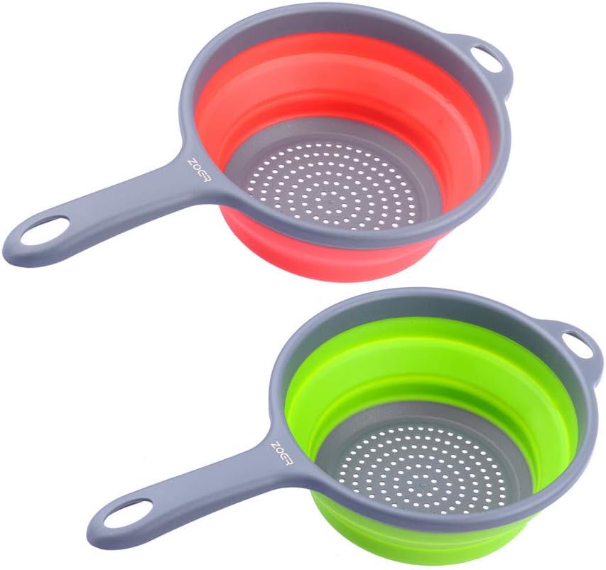 ZOER Kitchen Foldable Pasta Strainers,Collapsible Colanders with Handles,Space-Saver Folding Silicone Strainers Colander,Capacity of 2 quart (Green)