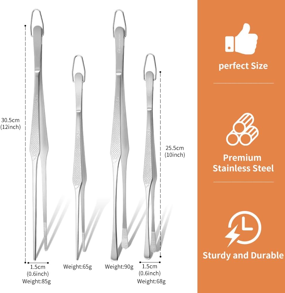 Stainless Steel Cooking Tweezers Set, 10 & 12 Inch Precision Kitchen Tweezers with Star Dot Texture & Elevated Tips | Galaxy Grip Series, 4-Piece (Silver)