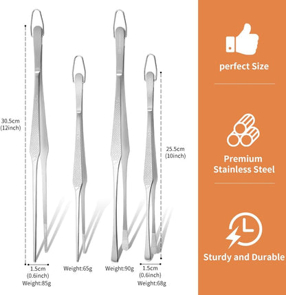 Stainless Steel Cooking Tweezers Set, 10 & 12 Inch Precision Kitchen Tweezers with Star Dot Texture & Elevated Tips | Galaxy Grip Series, 4-Piece (Silver)