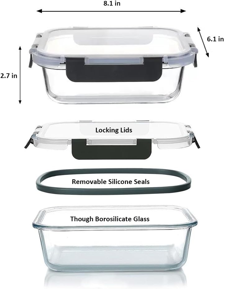 5 Pack 37oz Large Glass Food Storage Containers with Lids, Lunch Meal Prep Containers Boxes with Leak Proof Lids for Oven Freezer Microwave, Dishwasher Safe