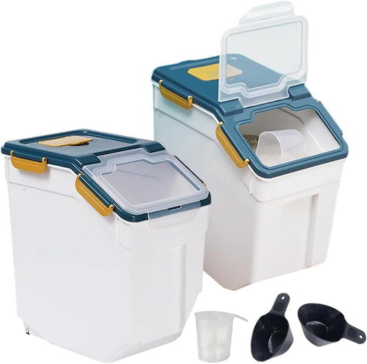 Large Flour Storage Container Bin 25lb, 2Pack Airtight Rice Storage Containers with Measuring Cup&Scoop, BPA Free with Wheels Seal Locking Lid for Flour, Rice, Grain (50LBS Total, Blue)