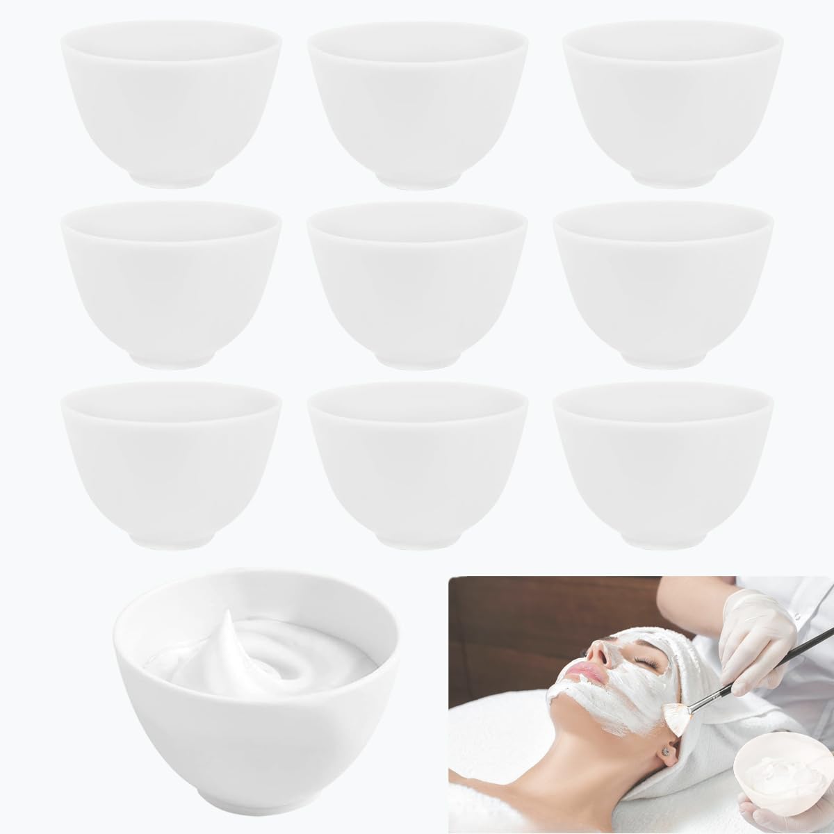 10 Piece Silicone Mixing Bowl Set, 3.93-Inch Microwaveable Silicone Bowls, Facial Bowls for Aestheticians, for Facial Masks, Mud Masks and Other Skin Care Products（White）