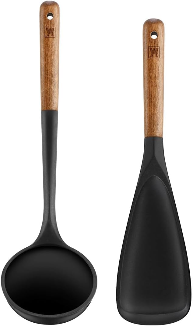 Cooking Ladle: Silicone Kitchen Utensil with Long Wooden Handles, Heat Resistant Cookware, Protects Surfaces with Gentle Head Design, Portion Batter, Professional Chef Wok Soup Ladle