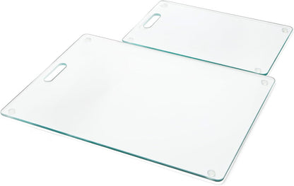 Okllen Set of 2 Tempered Glass Cutting Board for Kitchen, Non Toxic Clear Glass Chopping Boards with Non-Slip Mats, Easy to Clean, 16x12 & 12x8 inch