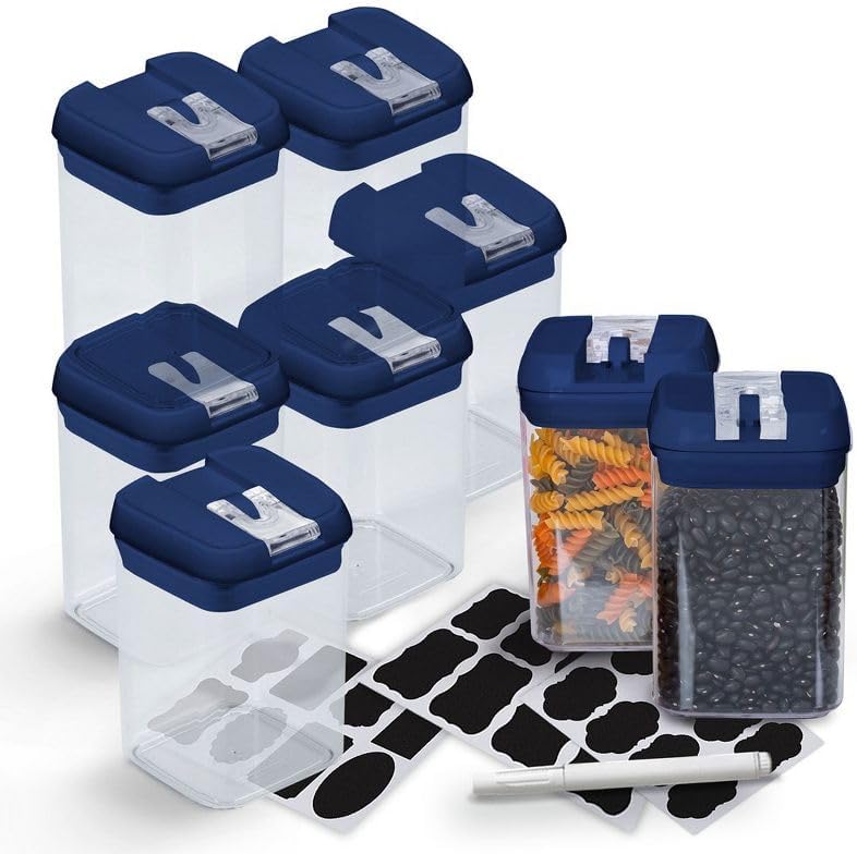 28 oz Airtight Food Storage Containers with Navy Flip-Top Lids (8-Pack), BPA-Free Stackable Pantry Organizers