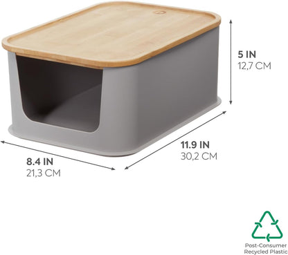 iDesign Recycled Plastic 11.9" Medium Open Front Storage Bin with Handle and Bamboo Lid, BPA-Free, Porpoise