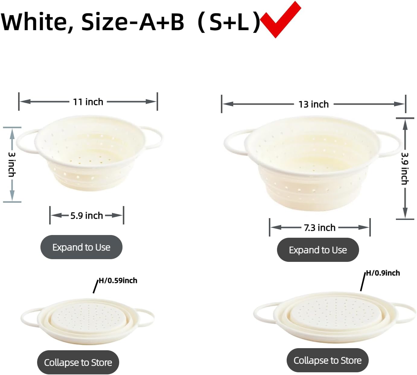 Collapsible Silicone Colander with Handles, Round Strainer with Stainless Steel Rim, Space Saving Kitchen Tool for Fruits & Vegetables,BPA-Free,Heat-Resistant Pasta Drainer(White, L)