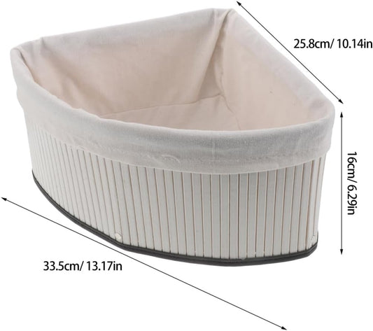 Corner Triangle Storage Basket for Shelves: Bamboo Woven Triangle Storage Bin with Removable Liner, 90 Degree Fan-Shaped Organizer for Kitchen Cabinet, Bathroom, Pantry, Closet, 10x6.3"