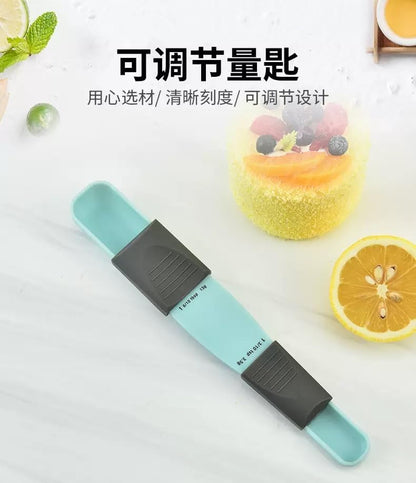 Adjustable Measuring Spoons Set, Mint Green and Gray, Plastic Kitchen Tools with Scale Markings, Baking Utensils