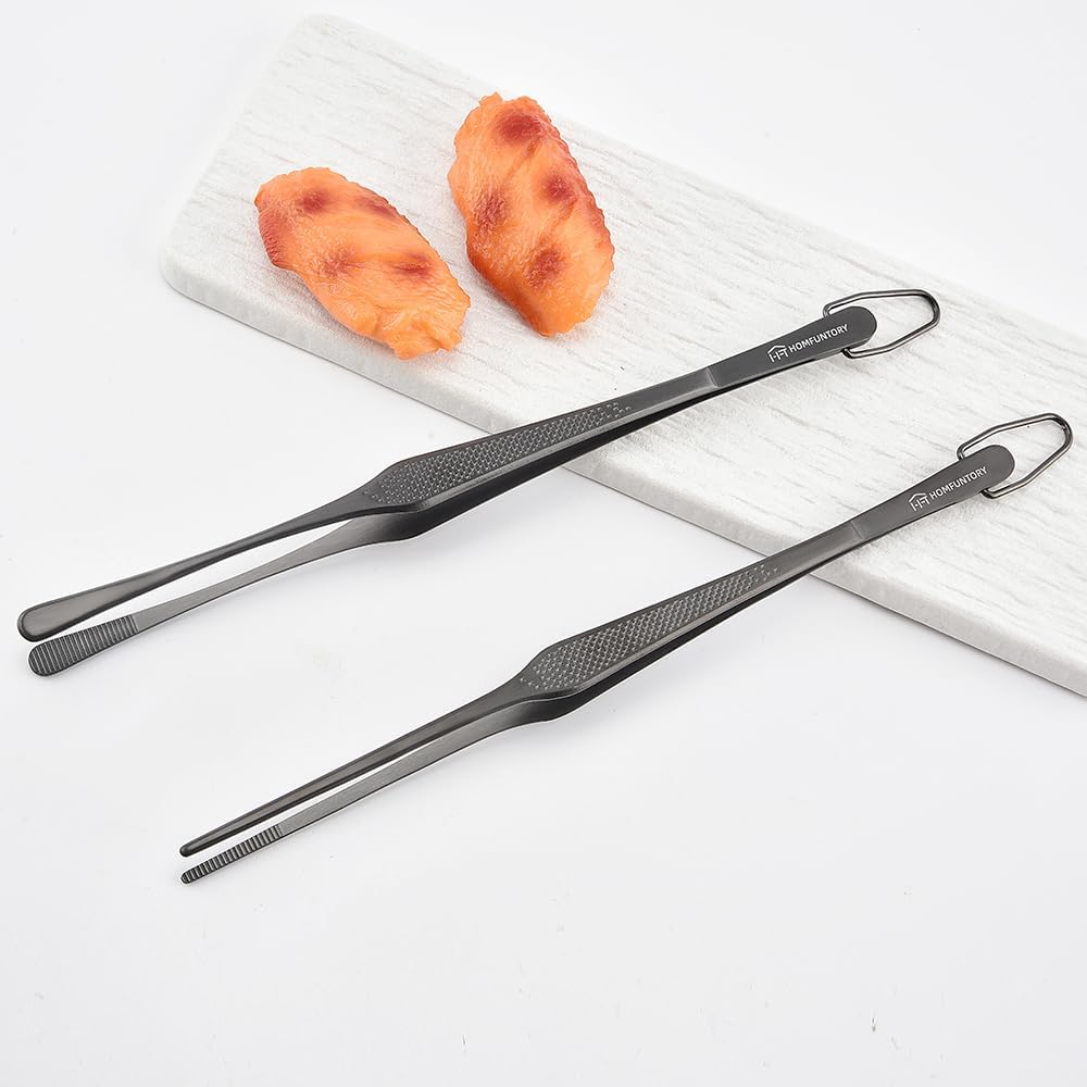 Stainless Steel Cooking Tweezers, 12-Inch Precision Kitchen Tweezers with Star Dot Texture, Wider Grip & Elevated Tips | Galaxy Grip Series, 2 Pcs (Black)