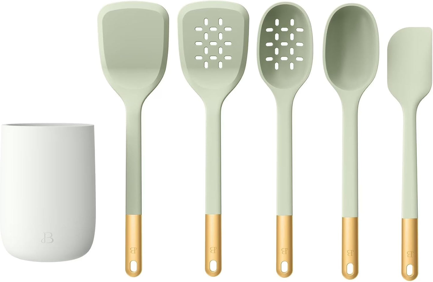 6 Piece Silicone Kitchen Utensil Set with Holder, Heat Resistant Cooking Tools, Nonstick Safe Spatula Spoon Turner Set with Ceramic Storage Crock