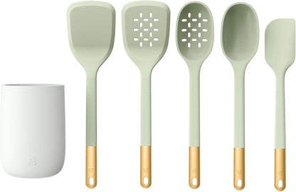 6 Piece Silicone Kitchen Utensil Set with Holder, Heat Resistant Cooking Tools, Nonstick Safe Spatula Spoon Turner Set with Ceramic Storage Crock
