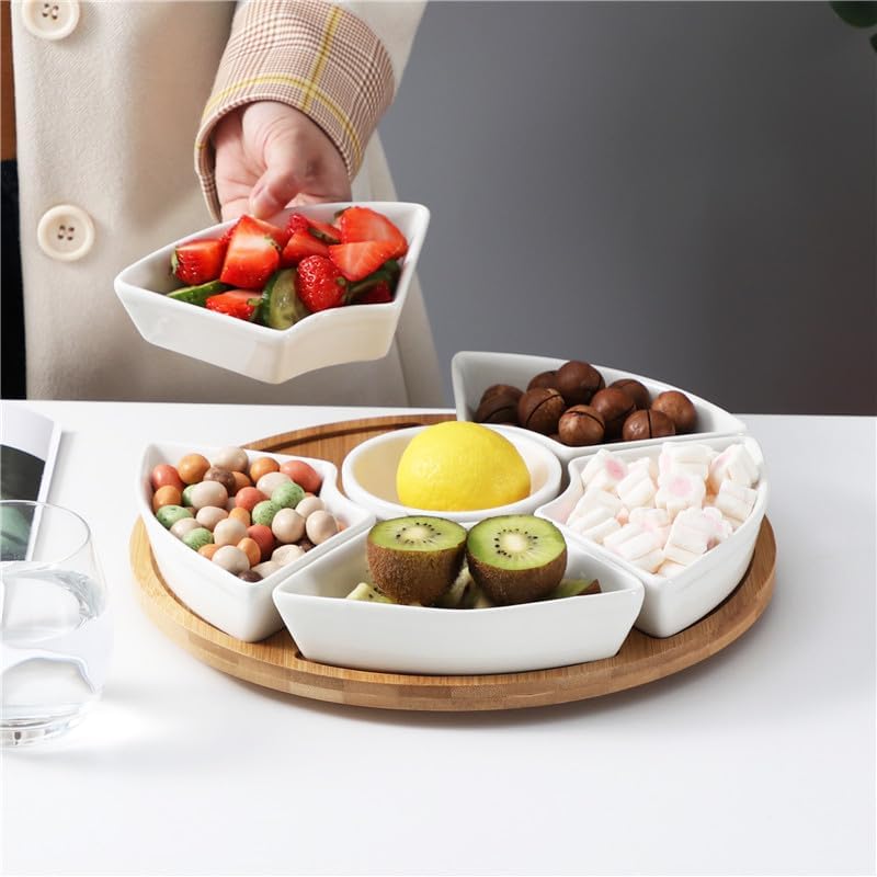 ele ELEOPTION 360° Rotatable Chip and Dip Serving Set, Trays, Appetizer Serving Tray, Divided Serving Tray, Platters, Relish Tray 5 bowls with lids
