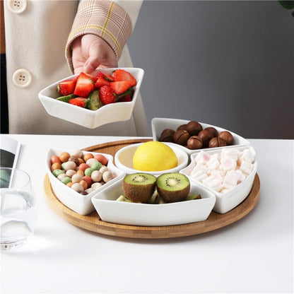 ele ELEOPTION 360° Rotatable Chip and Dip Serving Set, Trays, Appetizer Serving Tray, Divided Serving Tray, Platters, Relish Tray 5 bowls with lids