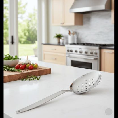 Chef Kunz Slotted Spoon | 9 Inch 18/10 Stainless Steel Silver Chef Cooking Spoons | Basting, Quenelle, Plating Spoon for Draining and Serving, Dishwasher Safe (Slotted)
