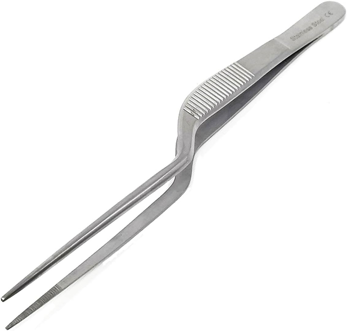 A2Z Offset Kitchen Tweezers, Stainless Steel Precision Tongs For Cooking, Fine Point Serrated Tips Multi-function Cooking Tongs Kitchen Serving Tong, Plates Garnish, Cake Decorating (10 inch)