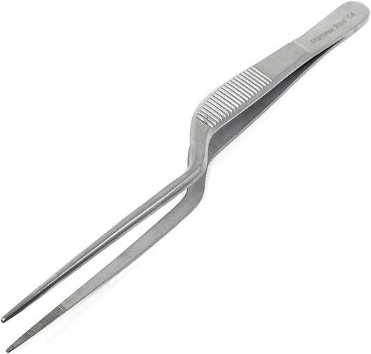A2Z Offset Kitchen Tweezers, Stainless Steel Precision Tongs For Cooking, Fine Point Serrated Tips Multi-function Cooking Tongs Kitchen Serving Tong, Plates Garnish, Cake Decorating (10 inch)
