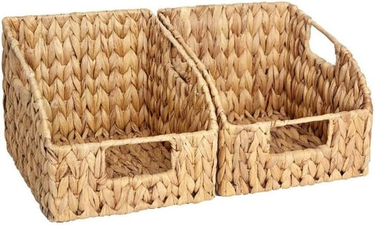 Set of 2 Handwoven Water Hyacinth Storage Baskets, Open Front Wicker Organizer Bins with Handles for Kitchen Pantry Closet Shelf, Natural Rattan Baskets for Home Organization
