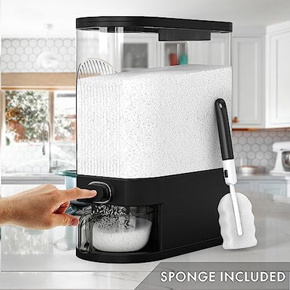 25lb Black Rice Dispenser, Measuring Cup & Sponge. Airtight Grain, Bean & Rice Container. NEW Clear Black Design. Easy To Use Grain Dispensing Storage Container For Kitchen