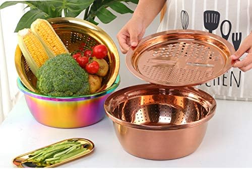 3PC/Set Colander set Stainless Steel Vegetable Slicer Fruit Potato Peeler Carrot Grater Strainer Utensil Round Rice Washer Bowl Drain Basket-Gold