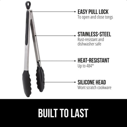 GORILLA GRIP Stainless Steel Heat Resistant Kitchen Tongs for Cooking, Set of 2 BBQ Tong, Non Scratch Silicone Tip for Pans, Strong Grip, Grab Food, Toss Salad, Air Fryer, Pull Lock, 7 + 9 Inch, Black